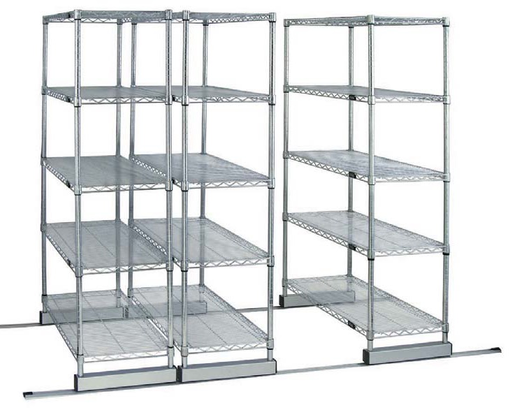 Aisle saver shelving on skates for mobile warehouse storage