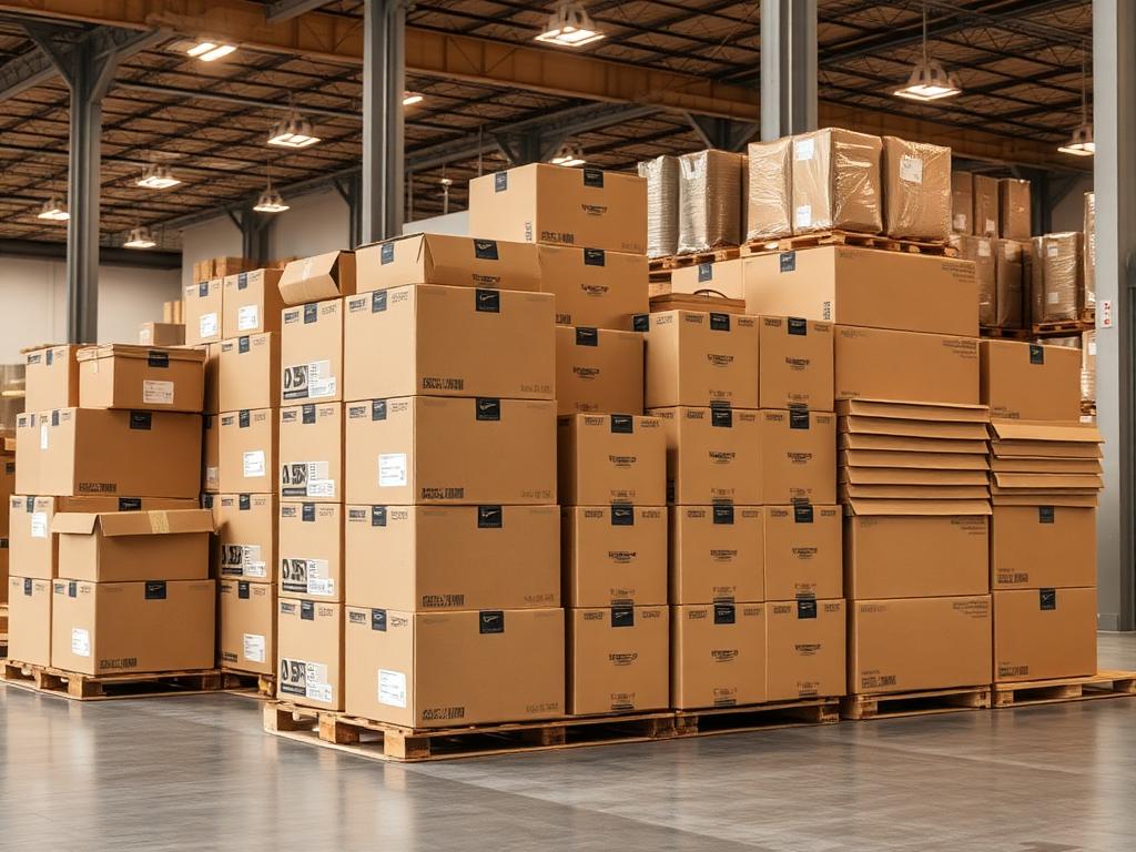 Corrugated shipping boxes stacked on pallets in warehouse