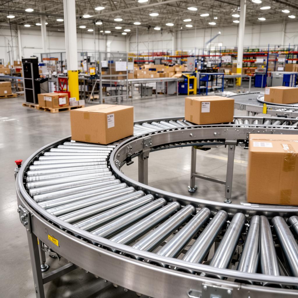 Curved gravity roller conveyor section in distribution center