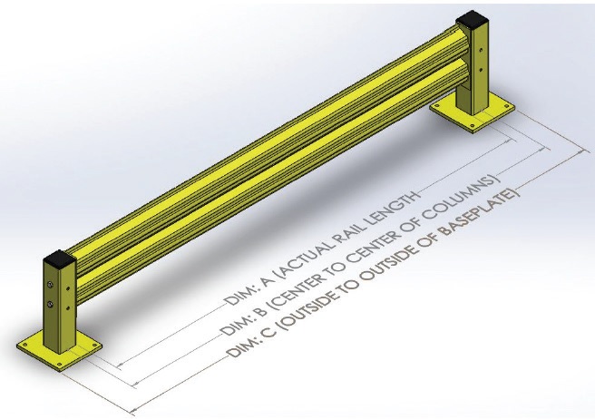 Guardrail dimensions diagram showing rail length, center to center of columns, and outside to outside of baseplate measurements