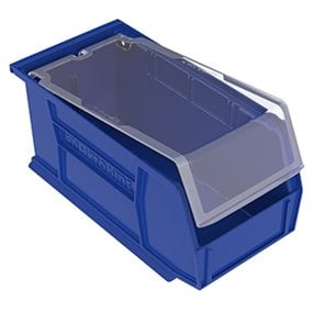 Various sizes of plastic shelf bins with label holders on chrome wire racking