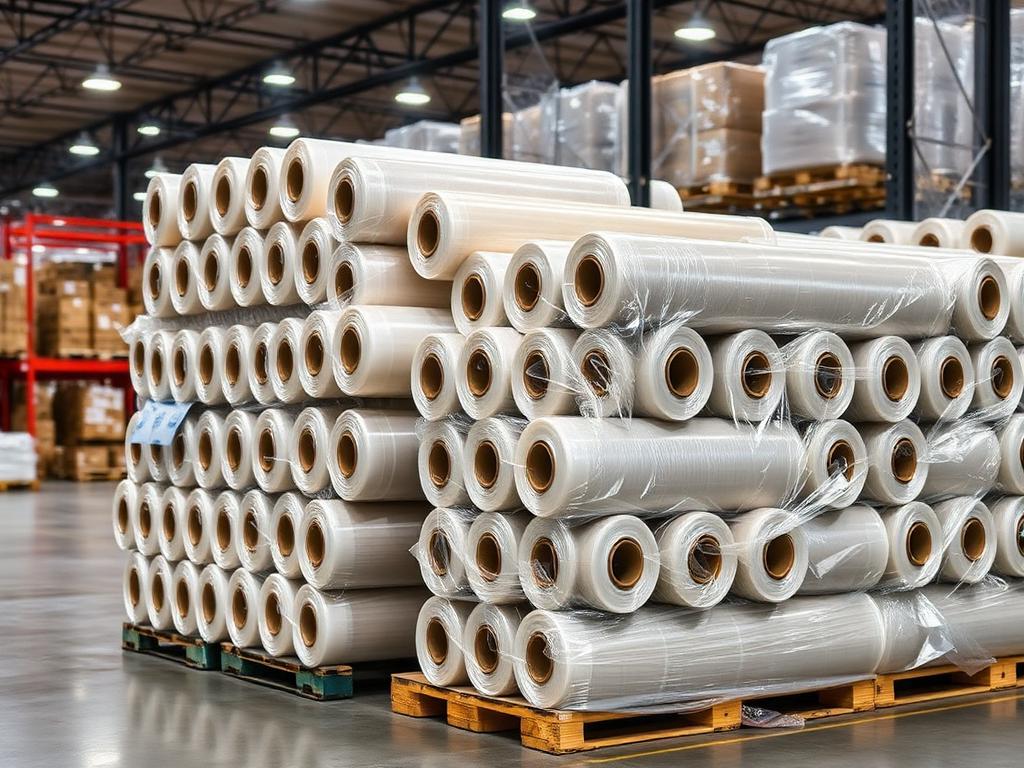 Industrial stretch wrap film rolls stacked on pallets in warehouse