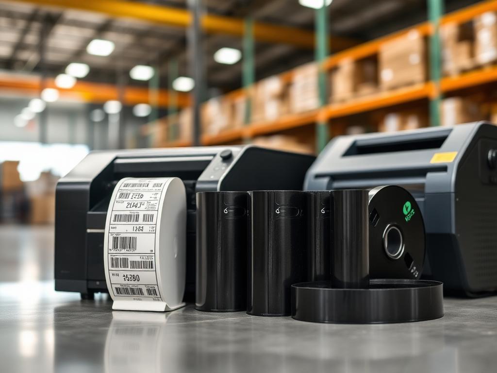 Thermal transfer ribbon rolls and barcode label printers in warehouse